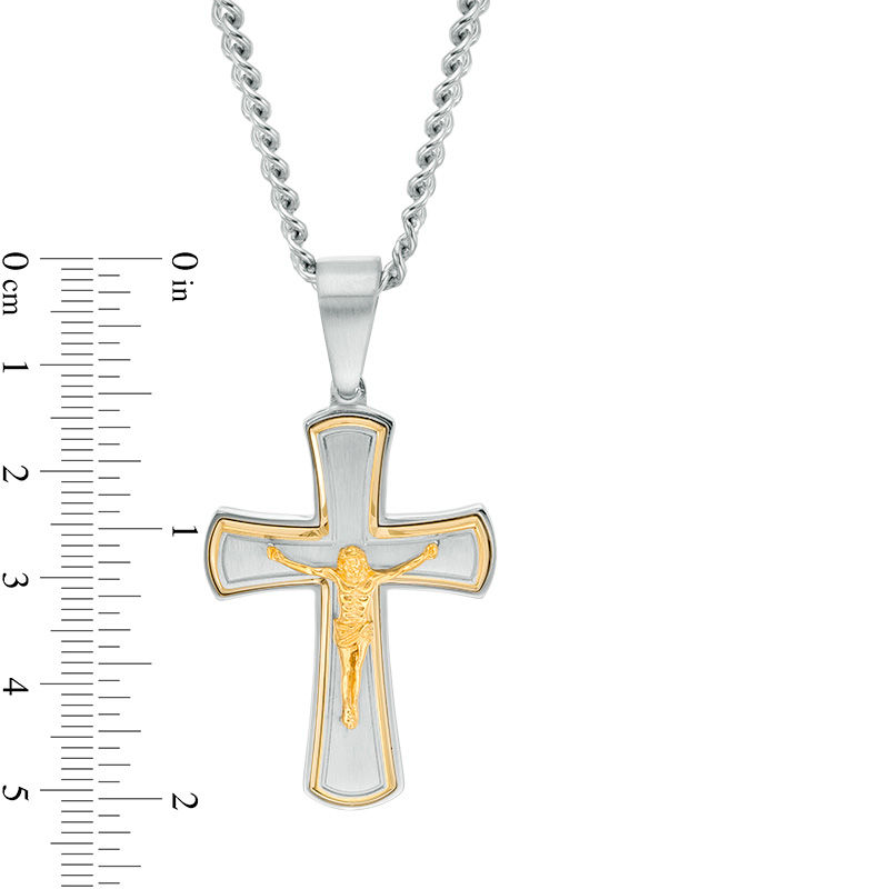 Men's Multi-Finish Crucifix Pendant in Stainless Steel and Yellow IP - 24"