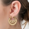 Thumbnail Image 1 of Hammered Script Name with Triple Heart Ribbon Accent Bamboo Hoop Earrings in 14K Gold Over Silver (1 Line)