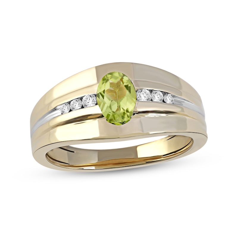 Men's Oval Peridot and 1/6 CT. T.W. Diamond Tri-Sides Grooved Band in 10K Two-Tone Gold