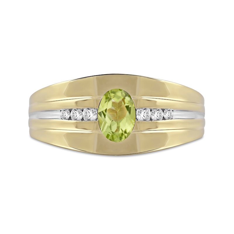 Men's Oval Peridot and 1/6 CT. T.W. Diamond Tri-Sides Grooved Band in 10K Two-Tone Gold