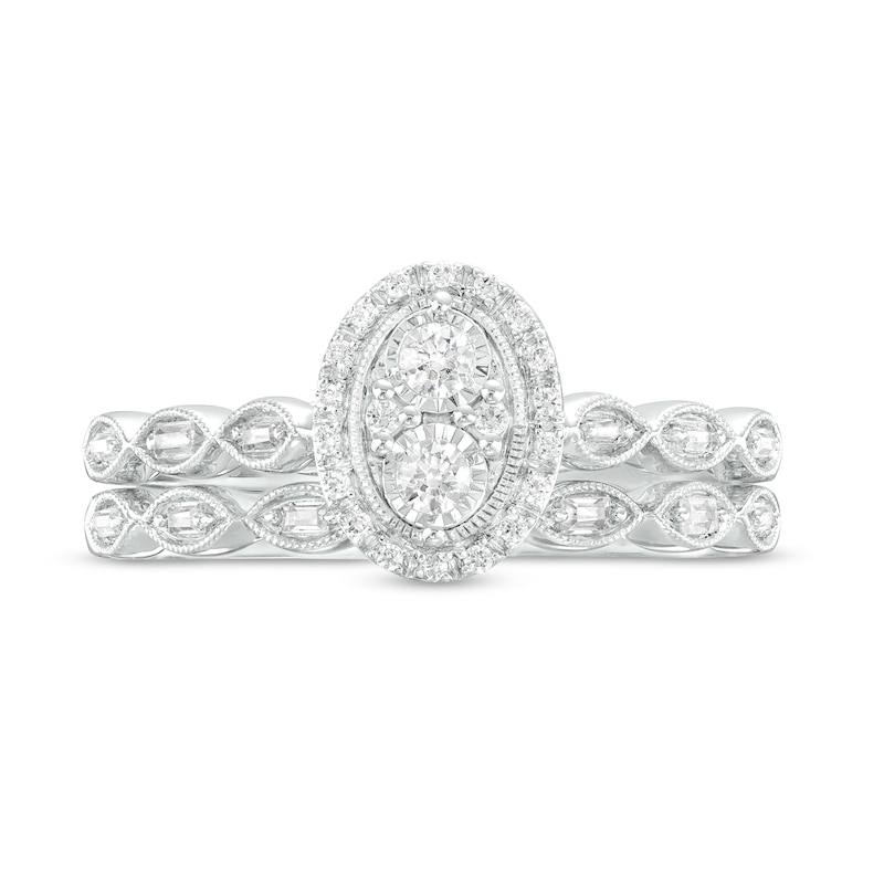 1/4 CT. T.W. Oval-Shaped Multi-Diamond Scallop Shank Vintage-Style Bridal Set in Sterling Silver