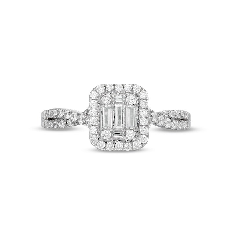1/2 CT. T.W. Emerald-Shaped Multi-Diamond Frame Twist Shank Engagement Ring in 10K White Gold