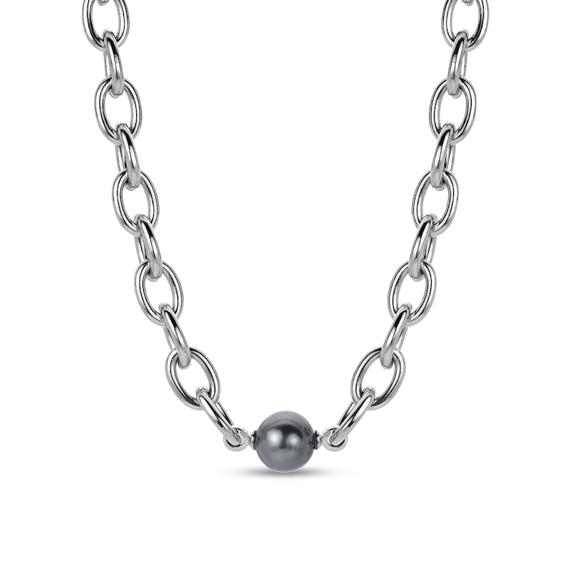 Men's 10.0-11.0mm Black Cultured Tahitian Pearl Cable Chain Necklace in Sterling Silver - 20"