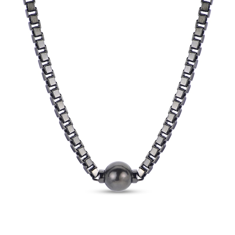 Men's 10.0-11.0mm Black Cultured Tahitian Pearl Box Chain Necklace in Sterling Silver with Black Rhodium - 20"