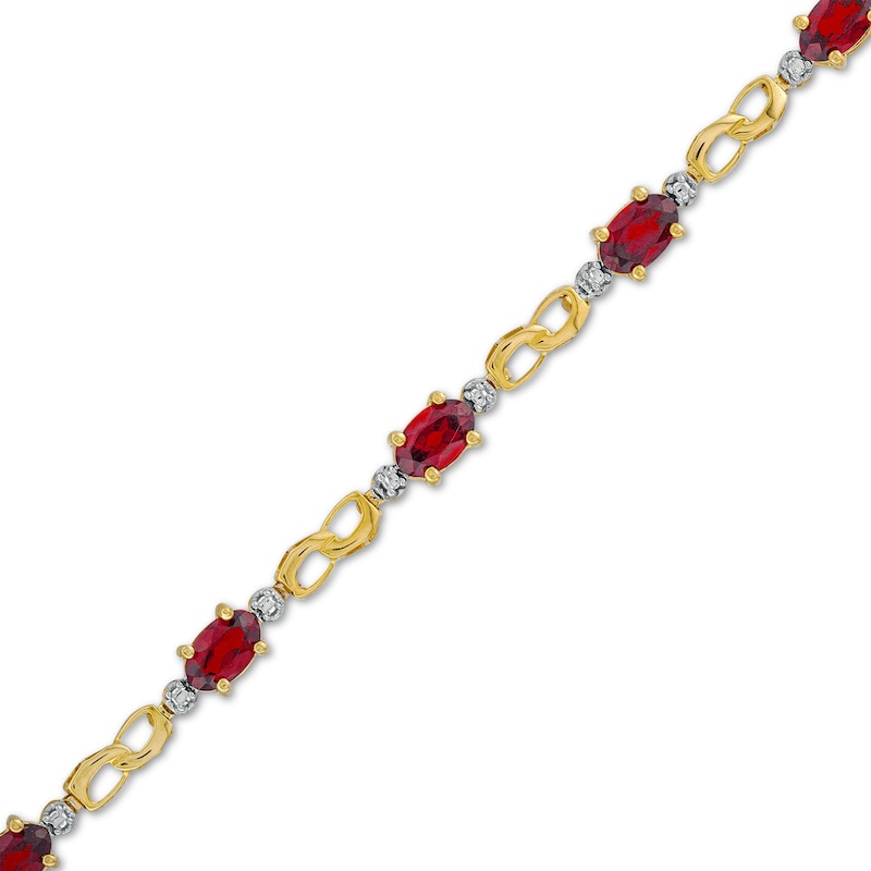 Oval Lab-Created Ruby, Diamond Accent and Rice Bead Alternating Bracelet in 10K Gold - 7.25"