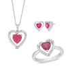 Thumbnail Image 0 of Heart-Shaped Lab-Created Ruby and White Lab-Created Sapphire Pendant, Ring and Earrings Set in Sterling Silver