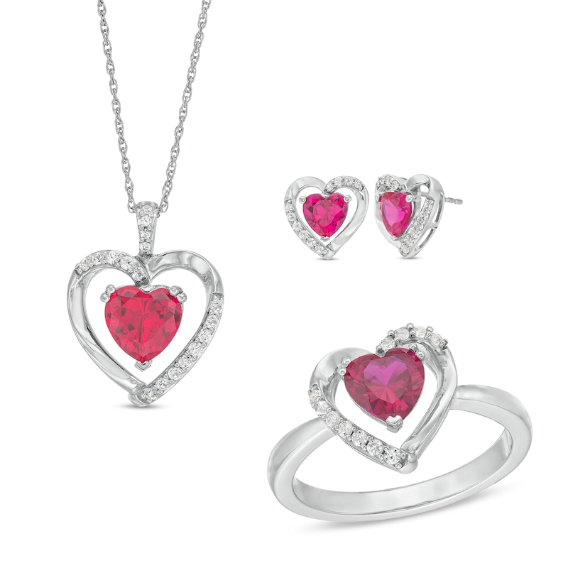 Heart-Shaped Lab-Created Ruby and White Lab-Created Sapphire Pendant, Ring and Earrings Set in Sterling Silver