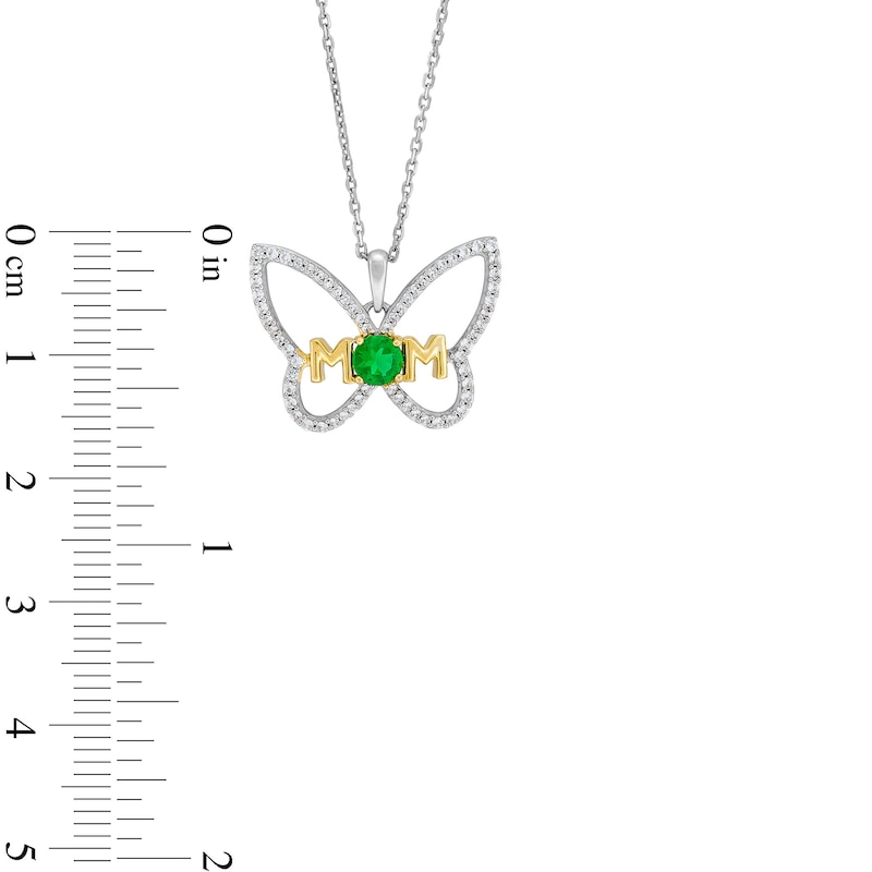 Lab-Created Emerald and White Lab-Created Sapphire "MOM" Butterfly Pendant in Sterling Silver and 14K Gold Plate