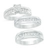 Thumbnail Image 0 of 3/4 CT. T.W. Quad Diamond Comfort Fit Wedding Ensemble in 14K White Gold - Size 7 and 10.5