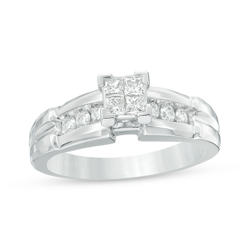 3/4 CT. T.W. Quad Diamond Comfort Fit Wedding Ensemble in 14K White Gold - Size 7 and 10.5