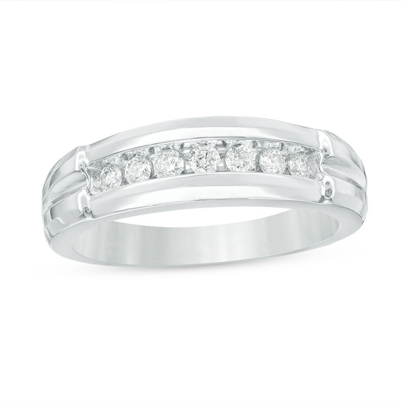3/4 CT. T.W. Quad Diamond Comfort Fit Wedding Ensemble in 14K White Gold - Size 7 and 10.5