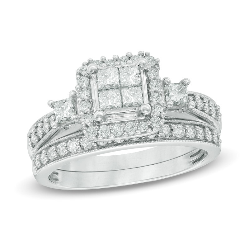 1 CT. T.W. Quad Princess-Cut Diamond Bridal Set in 10K White Gold