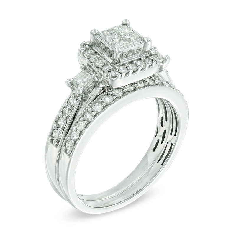 1 CT. T.W. Quad Princess-Cut Diamond Bridal Set in 10K White Gold