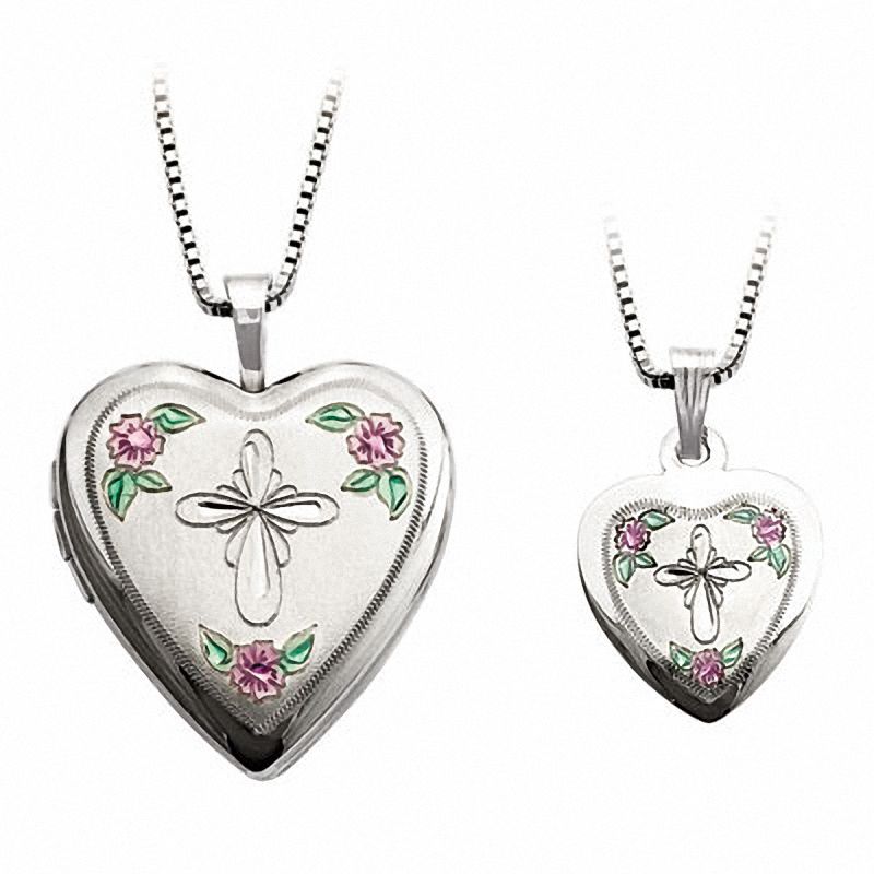 Mother and Daughter Matching Heart with Cross and Flowers Locket and Pendant Set in Sterling Silver