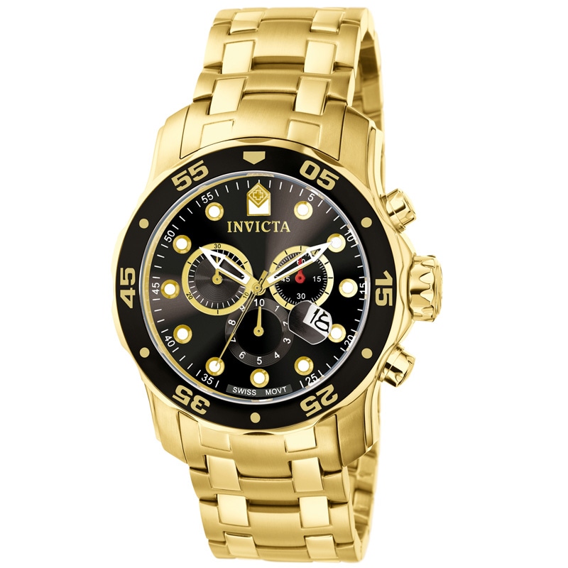 Men's Invicta Pro Diver Gold-Tone Chronograph Watch with Black Dial (Model: 0072)
