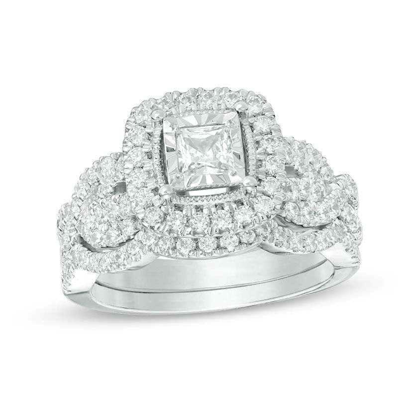 1-1/2 CT. T.W. Princess-Cut Diamond Frame Vintage-Style Twist Bridal Set in 14K White Gold