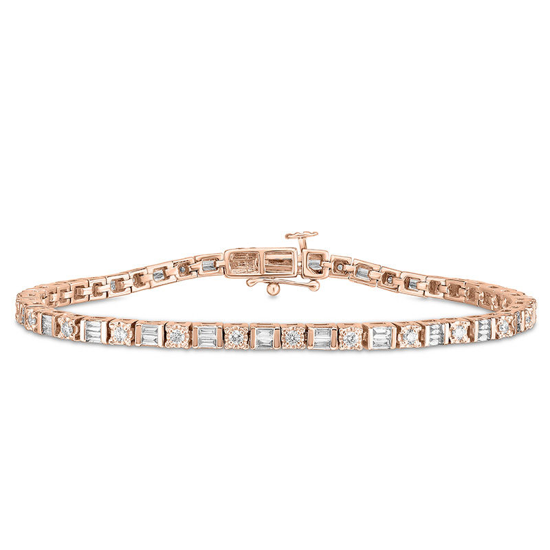 1/2 CT. T.W. Baguette and Round Diamond Tennis Bracelet in 10K Rose Gold