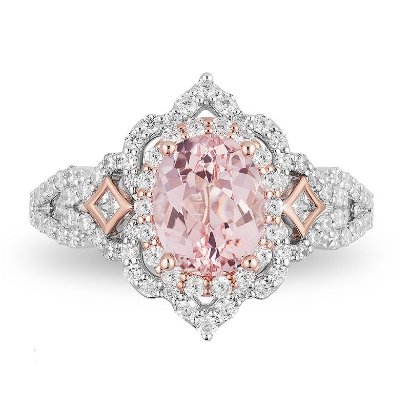 Enchanted Disney Aurora Oval Morganite and 3/4 CT. T.W. Diamond Scallop Frame Engagement Ring in 14K Two-Tone Gold