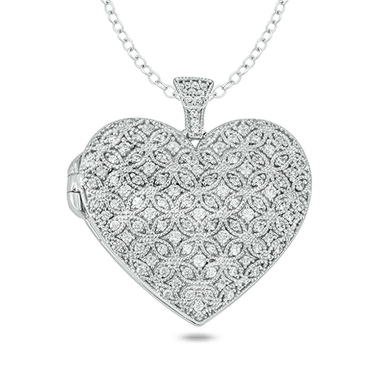 7/8 CT. T.W. Diamond Lattice Heart Vintage-Style Locket in Sterling Silver