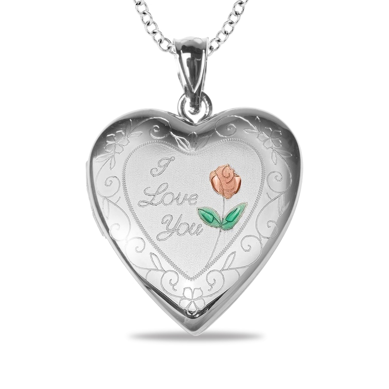 Engravable Enamel Rose Floral "I Love You" Photo Heart Locket in Sterling Silver (1-2 Images and 3 Lines)