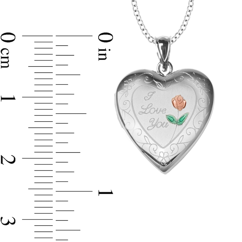 Engravable Enamel Rose Floral "I Love You" Photo Heart Locket in Sterling Silver (1-2 Images and 3 Lines)