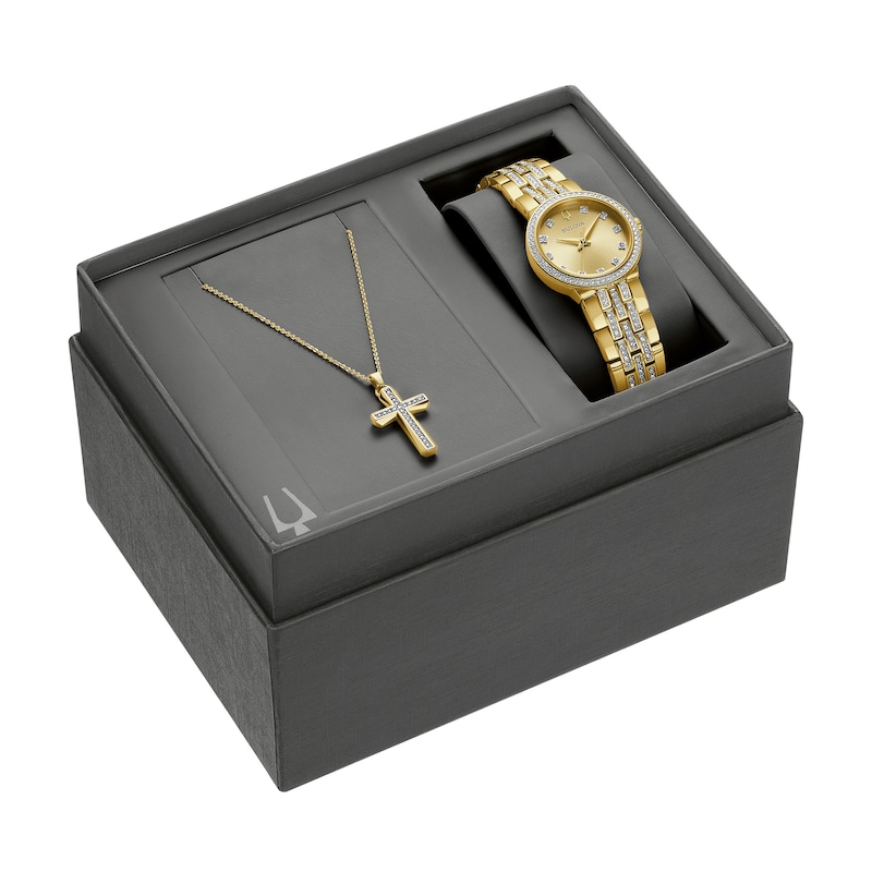 Ladies' Bulova Crystal Gold-Tone Watch with Champagne Dial and Cross Pendant Box Set (Model: 98X133)