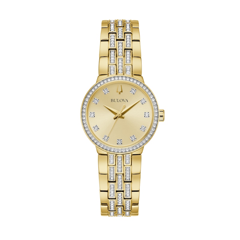 Ladies' Bulova Crystal Gold-Tone Watch with Champagne Dial and Cross Pendant Box Set (Model: 98X133)