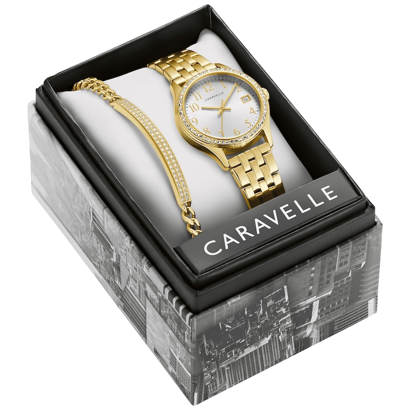 Ladies' Caravelle by Bulova Crystal Accent Gold-Tone Watch and Bracelet Box Set (Model: 44X101)