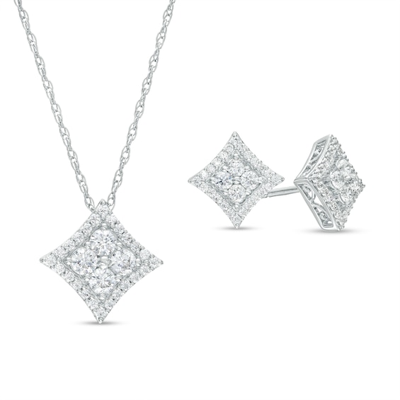 1 CT. T.W. Princess-Shaped Multi-Diamond Frame Concave Pendant and Stud  Earrings Set in 10K White Gold | Zales