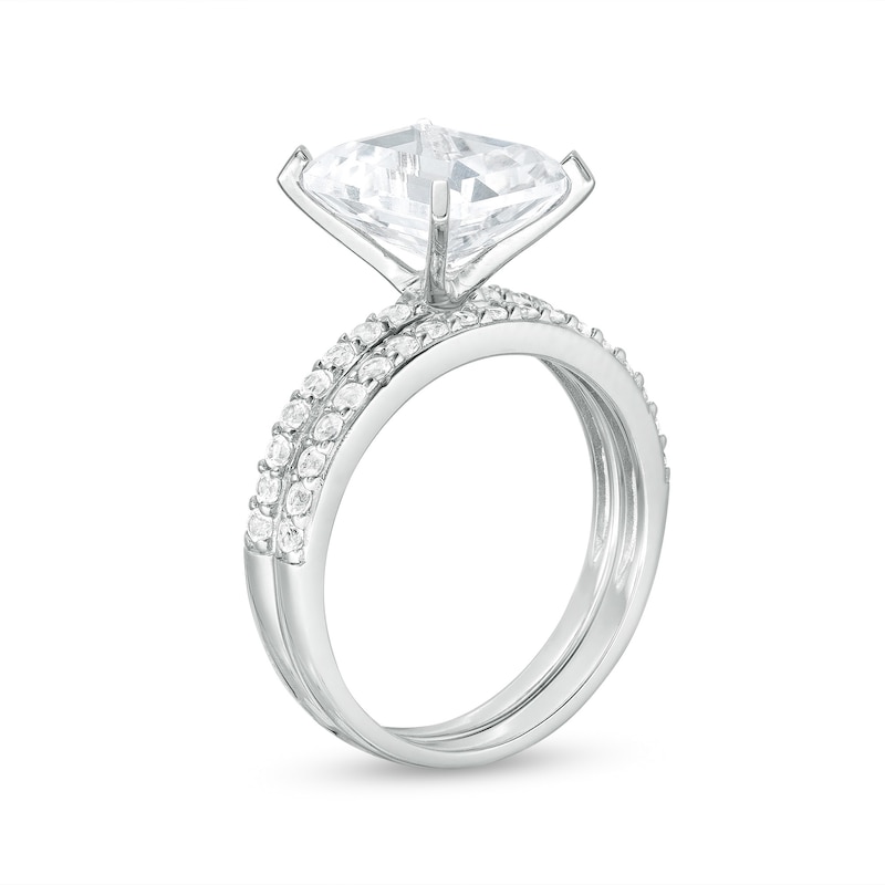 Emerald-Cut and Round White Lab-Created Sapphire Bridal Set in Sterling Silver