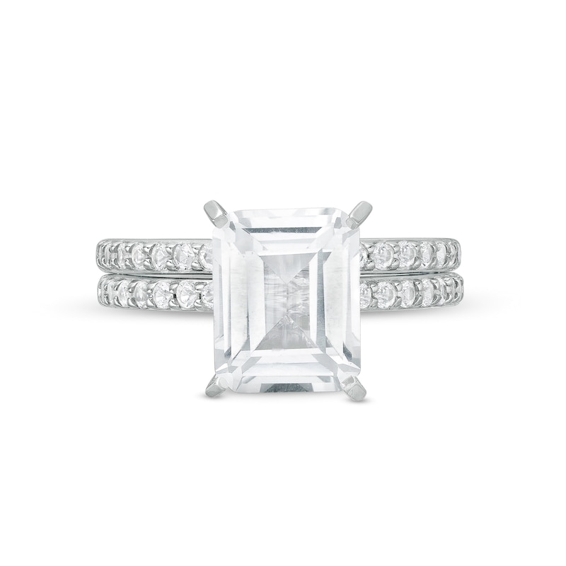 Emerald-Cut and Round White Lab-Created Sapphire Bridal Set in Sterling Silver
