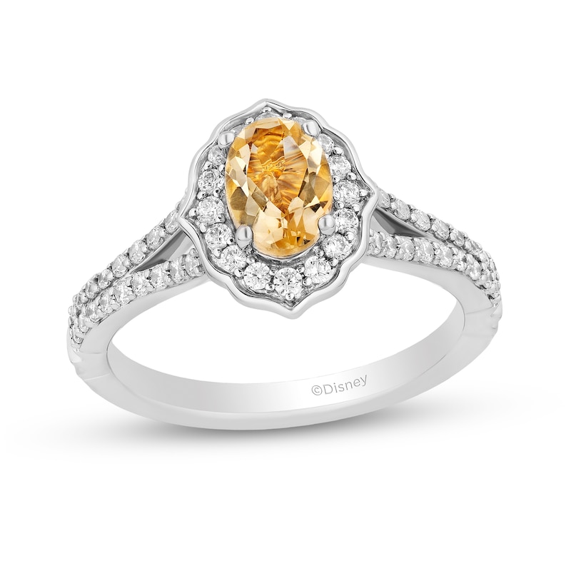 Enchanted Disney Belle Oval Citrine and 1/2 CT. T.W. Diamond Frame Split Shank Engagement Ring in 14K Two-Tone Gold