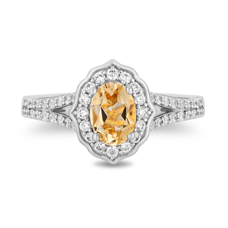 Enchanted Disney Belle Oval Citrine and 1/2 CT. T.W. Diamond Frame Split Shank Engagement Ring in 14K Two-Tone Gold
