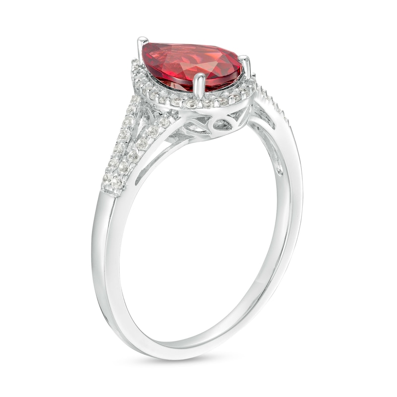 Pear-Shaped Garnet and White Lab-Created Sapphire Frame Split Shank Ring in Sterling Silver