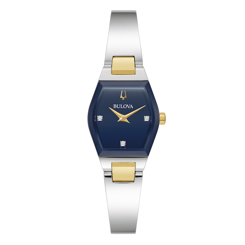 Ladies' Bulova Gemini Diamond Accent Two-Tone IP Bangle Watch with Tonneau Blue Dial (Model: 98P218)