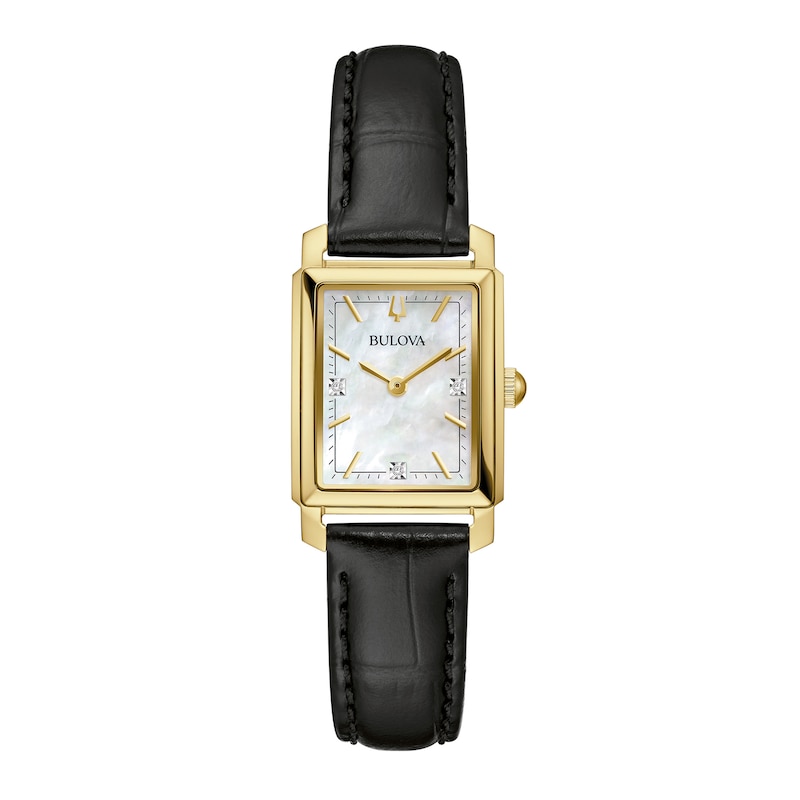 Ladies' Bulova Sutton Diamond Accent Gold-Tone Black Strap Watch with Rectangular Mother-of-Pearl Dial (Model: 97P166)