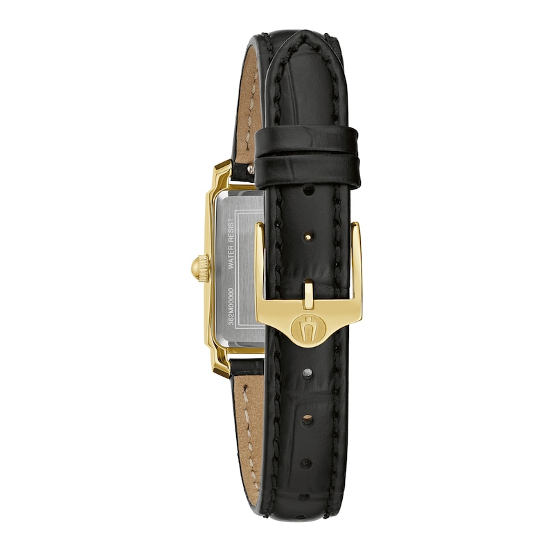 Ladies' Bulova Sutton Diamond Accent Gold-Tone Black Strap Watch with Rectangular Mother-of-Pearl Dial (Model: 97P166)