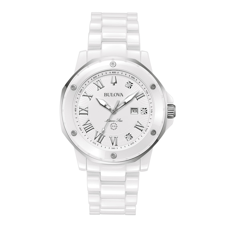 Ladies' Bulova Marc Anthony Diamond Accent White Ceramic Watch with White Dial (Model: 98P222)