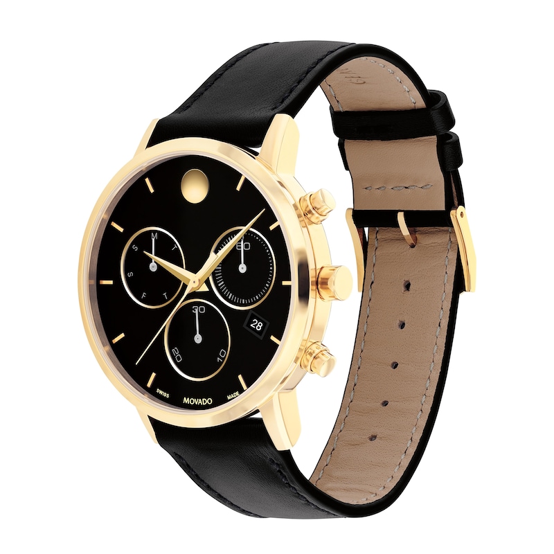 Men's Movado Museum® Classic Gold-Tone PVD Chronograph Strap Watch with Black Dial and Date Window (Model: 0607779)