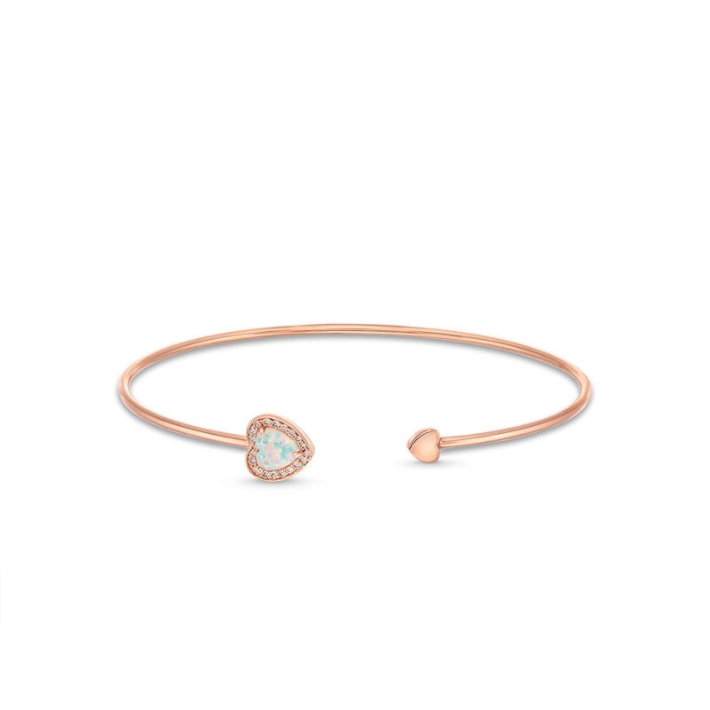 6.0mm Lab-Created Opal and 1/10 CT. T.W. Diamond Frame Double Heart Open Bangle in 10K Rose Gold