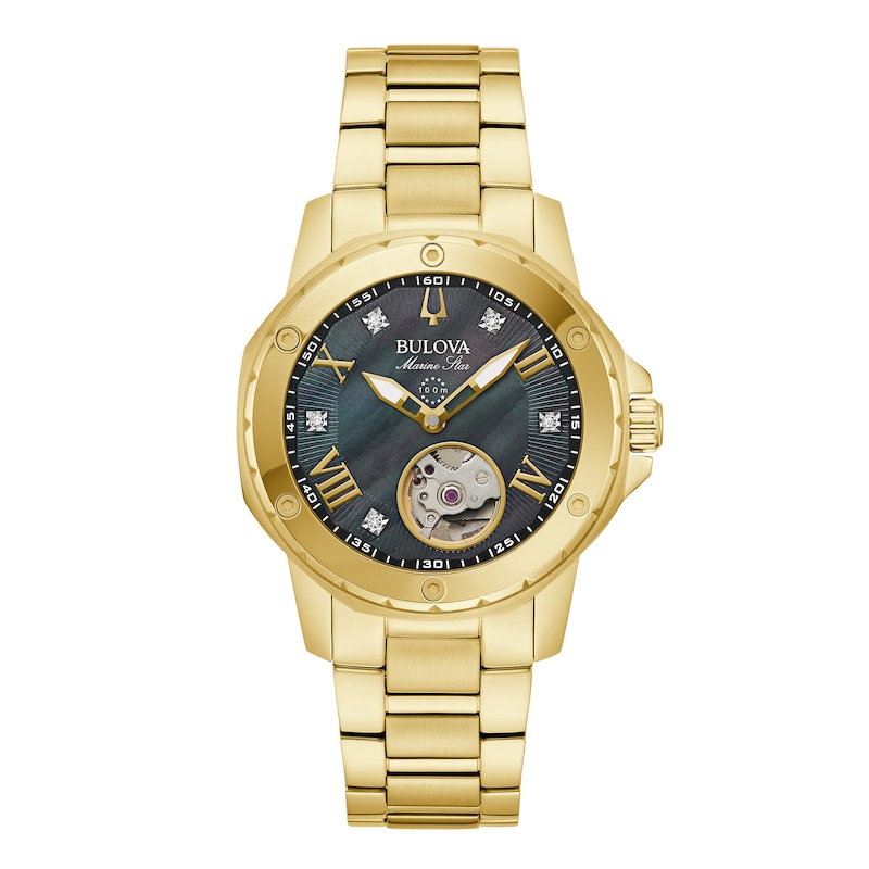 Ladies' Bulova Marine Star Black Mother of Pearl and Diamond Dial Watch in Gold-Tone Stainless Steel (Model 97P171)