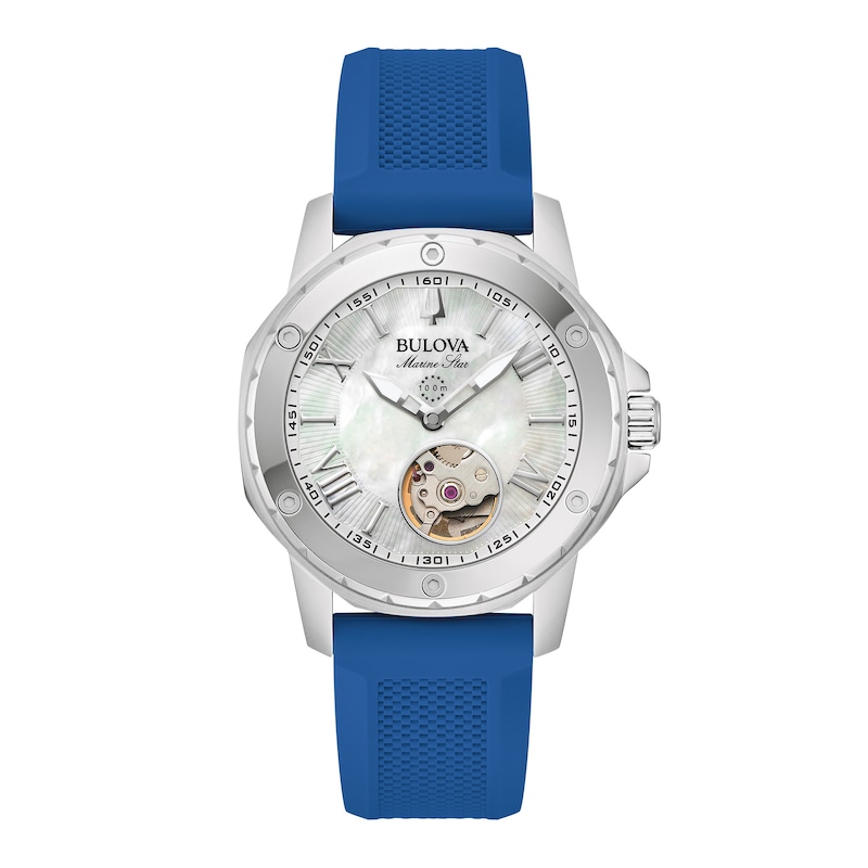 Ladies' Bulova Marine Star White Mother-of-Pearl Dial Watch with Blue Silicone Strap in Stainless Steel (Model 96L324)
