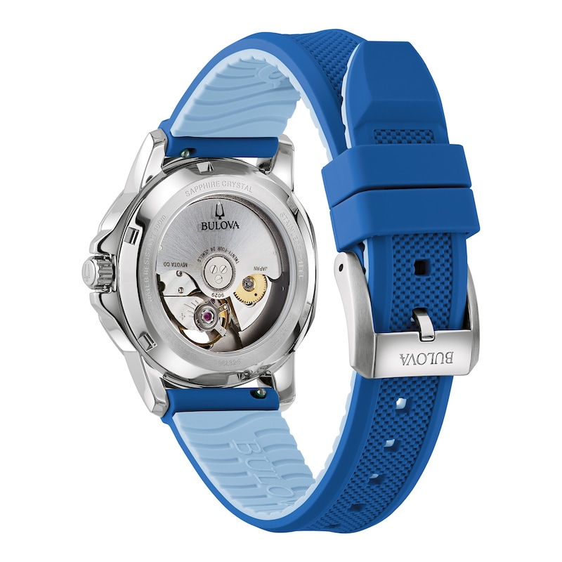 Ladies' Bulova Marine Star White Mother-of-Pearl Dial Watch with Blue Silicone Strap in Stainless Steel (Model 96L324)