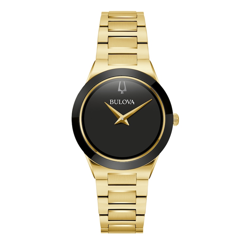 Ladies' Bulova Millennia Modern Black Dial Watch in Gold-Tone Stainless Steel (Model 97L175)
