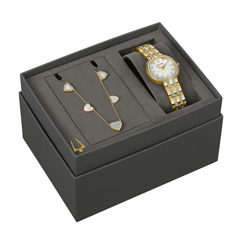 Ladies' Bulova Crystal Collection Watch with Mother-of-Pearl Dial and Heart Necklace Box Set (Model: 98X138)