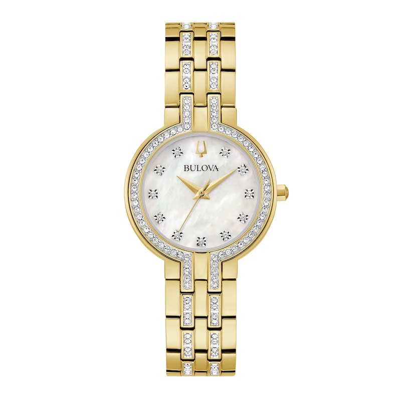 Ladies' Bulova Crystal Collection Watch with Mother-of-Pearl Dial and Heart Necklace Box Set (Model: 98X138)