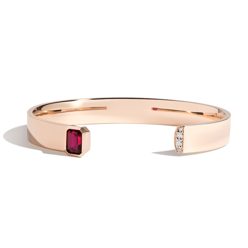 Zales x SHAHLA 1/20 CT. T.W. Lab-Created Diamond and Lab-Created Ruby Deco Cuff in 14K Rose Gold - 6.5"
