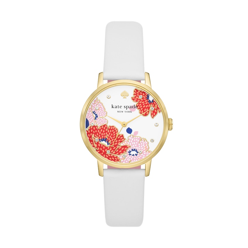 Ladies' Kate Spade Metro Gold-Tone IP White Leather Strap Watch with Flower Motif Dial (Model: KSW1826)
