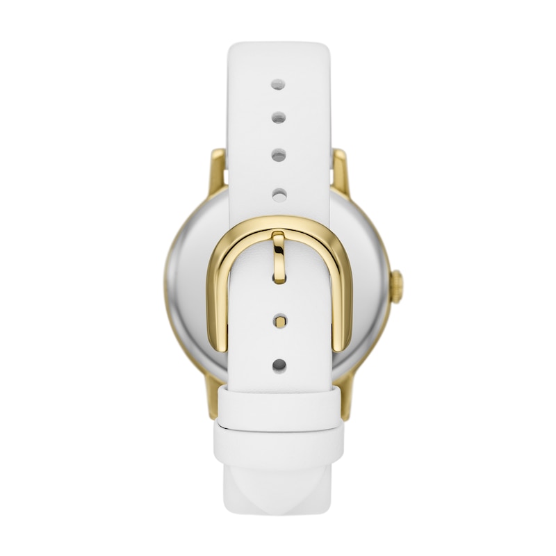 Ladies' Kate Spade Metro Gold-Tone IP White Leather Strap Watch with Flower Motif Dial (Model: KSW1826)