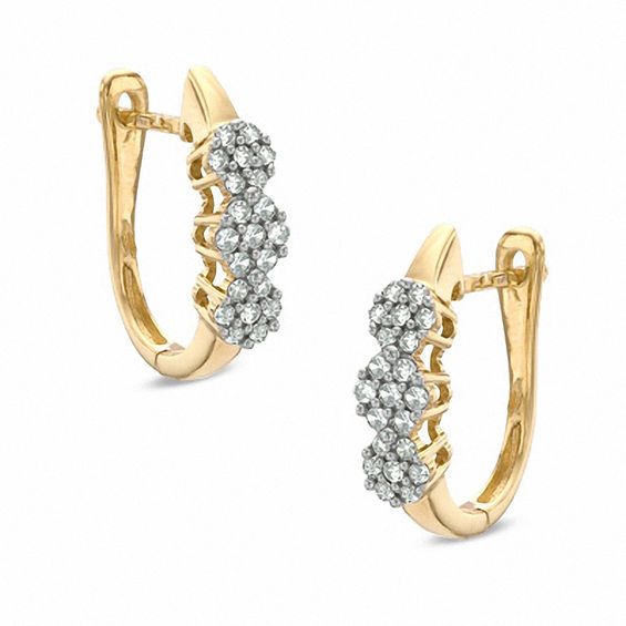 1/4 CT. T.W. Diamond Three Stone Cluster Hoop Earrings in 10K Gold ...